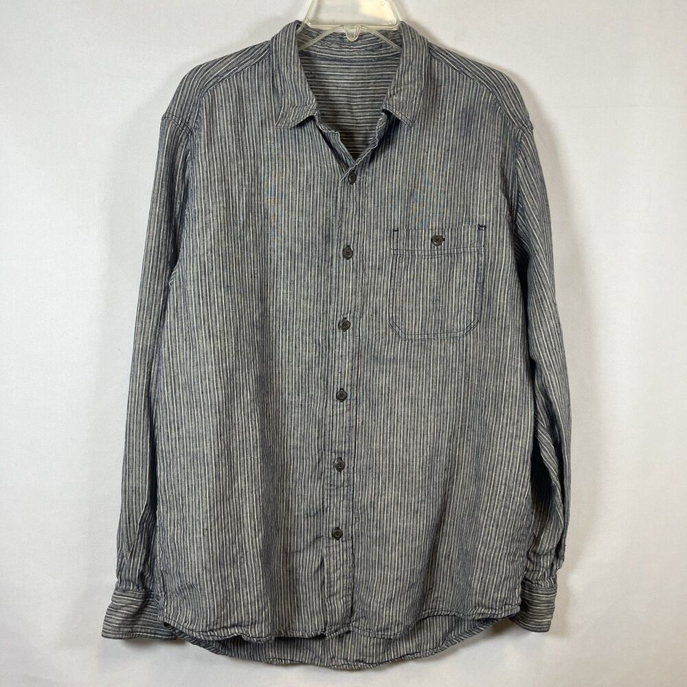 Eddie Bauer Men's L/XL Gray Striped 100% Linen Long Sleeve Button-Up Shirt